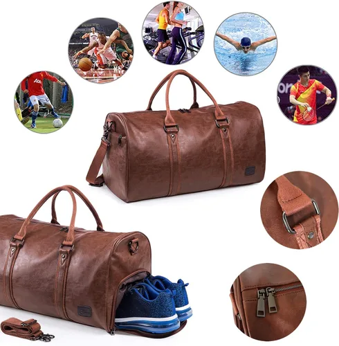 Vista 9 de Bolsa de viaje de cuero con bolsa para zapatos, bolsa impermeable para fin de semana, bolsa de lona de mano para hombres y mujeres, color negro