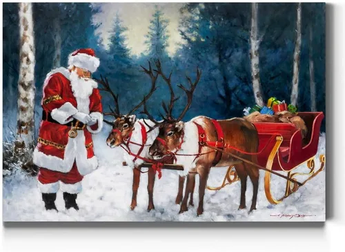 Vista 25 de Renditions Galley - Arte de pared de Papá Noel de dibujos animados, fondo de copo de nieve verde y blanco, decoraciones de Navidad lindas y frescas