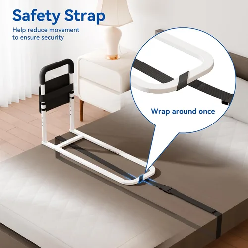 Vista 5 de Barandillas de cama para adultos mayores de seguridad - Diseño ajustable de tubo plano para personas mayores con bolsillo de almacenamiento y asa
