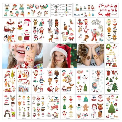 Vista 2 de Tatuajes temporales para maquillaje de Navidad para niños, 228 tatuajes de dibujos animados (30 hojas), impermeables, tatuajes falsos para arte