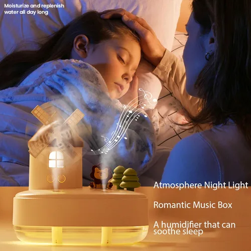 Vista 3 de Humidificadores ultrasónicos para dormitorio y oficina, humidificador de niebla fría con caja de música, humidificador de viento giratorio para bebé
