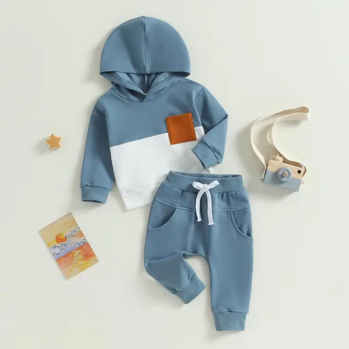 Vista 2 de Ropa de otoño e invierno para bebé niño, con capucha, de manga larga, a rayas, pantalones elásticos para recién nacidos azul (Patchwork Blue)
