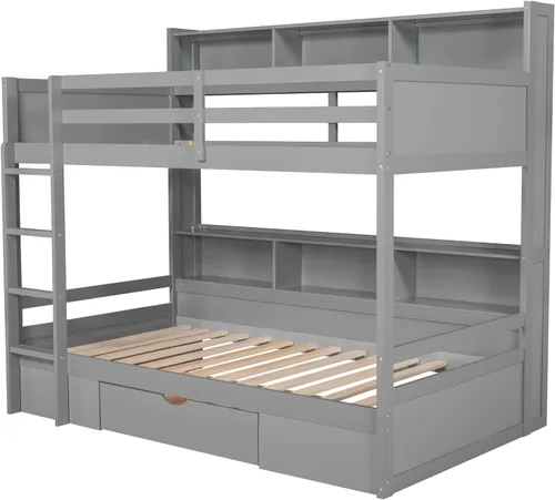 Vista 8 de Litera moderna de madera con cajón, literas individuales sobre individuales con estantes integrados junto a la cama superior e inferior, marco