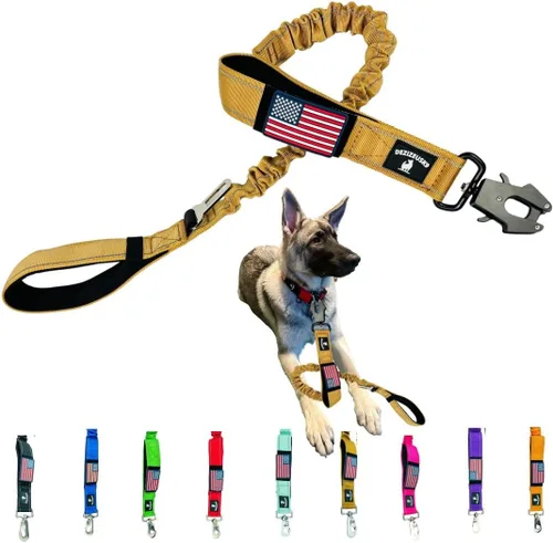 Vista 6 de Correa elástica resistente para perro, absorción de golpes, clip para cinturón de seguridad, cierre de rana de liberación rápida, asas dobles