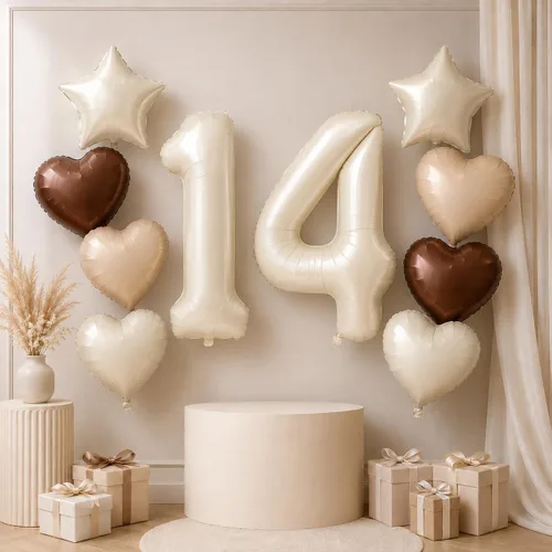 Vista 39 de Decoración de Globos Número 10 de 40 Pulgadas, Globos de Corazón Neutro de Papel de Aluminio Crema Retro Albaricoque Marrón con Globo de Helio