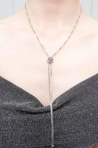 Vista 3 de Collar Lariat ajustable de plata de ley con piedras preciosas y topacio blanco redondo con halo redondo
