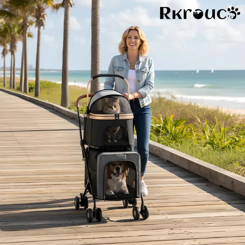 Vista 2 de Cochecito plegable doble para mascotas para perros, cochecitos portátiles para gatos para mascotas pequeñas y medianas con transportadores Negro