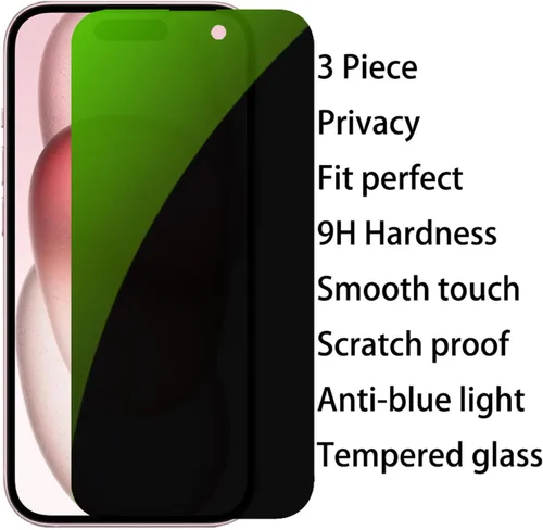 Vista 6 de 3 piezas de vidrio templado de privacidad anti-azul para iPhone 15 Plus, protector de pantalla antiespía, película antiespías, dureza 9H