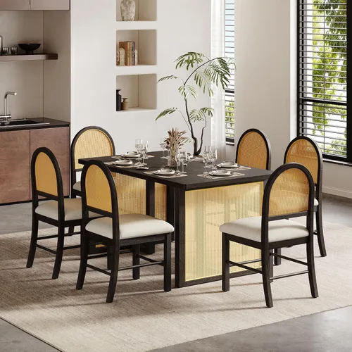 Vista 21 de Juego de mesa de comedor rústica de 6 piezas con mesa rectangular de caballete y 4 sillas tapizadas y banco, juego de mesa de comedor de cocina