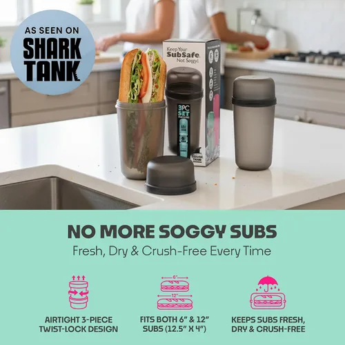 Vista 8 de SubSafe Contenedor para sándwich de 3 piezas, gris carbón, como se ve en Shark Tank, impermeable, a prueba de golpes, almacenamiento de alimentos