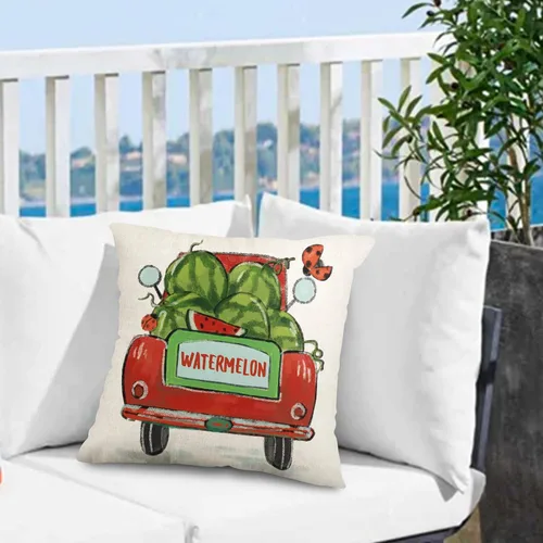 Vista 4 de AnyDesign Fundas de almohada de verano para verano, sandía, gnomo, camión, funda de cojín de rayas blancas y negras, para el hogar