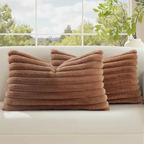 Vista 74 de decorUhome Fundas de almohada de piel sintética, juego de 2, decorativas, afelpadas, suaves, afelpadas, a rayas, parte posterior de terciopelo