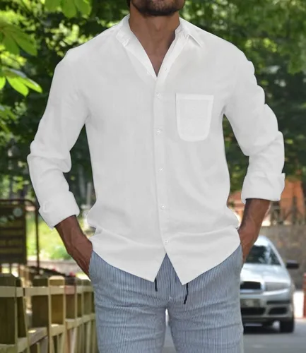 Vista 6 de Men's Guayabera Shirts Long Sleeve Button Down Shirt Linen Solid Shirt Cuban Beach Tops
