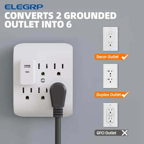 Vista 3 de ELEGRP Extensor de 6 salidas con anclaje central, pestaña de pared con conexión a tierra de 3 puntas, extensor de salida múltiple con 6 tomas