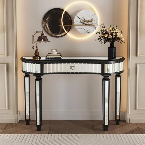 Vista 17 de SSLine Mesa de consola negra con espejo para sala de estar, mesa de entrada moderna de espejo de 43 pulgadas con base de cristal en forma de O