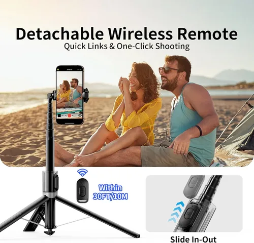 Vista 5 de Trípode automático de teléfono de 67 pulgadas, palo selfie de apertura automática para iPhone con control remoto, soporte extensible giratorio
