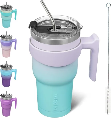 Vista 14 de BJPKPK Mini vaso de 10 onzas con tapa, popote y asa, taza de acero aislada