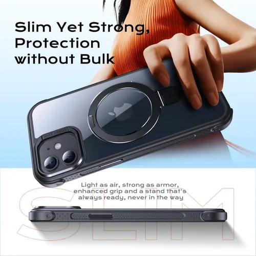 Vista 6 de Anqrp Funda transparente con función atril magnética con junta tórica para iPhone 12/12 Pro, compatible con Mag-Safe, de grado militar, reforzada
