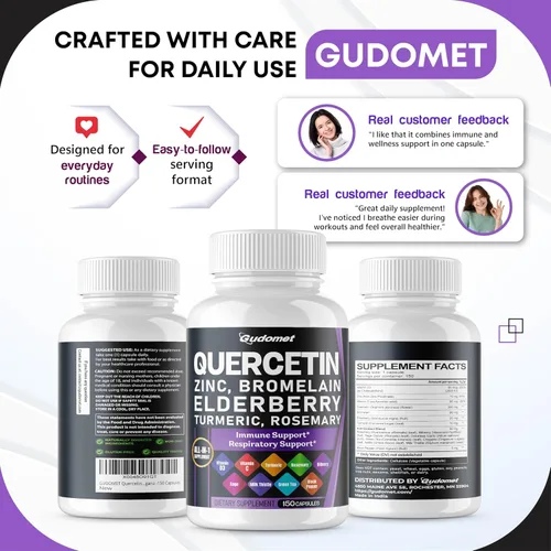 Vista 9 de Quercetina Bromelina Zinc Vitamina D3 Saúco Cúrcuma Romero Arándano Salvia Inodoro Ajo Té Verde Cardo Lechoso Orégano -150 Cápsulas