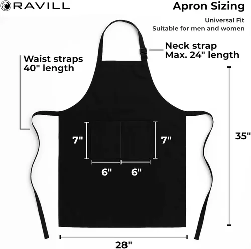 Vista 4 de Ravill Delantal negro con bolsillos para hombres y mujeres, delantales de trabajo de poliéster multiusos de 35 pulgadas de largo para cocinar