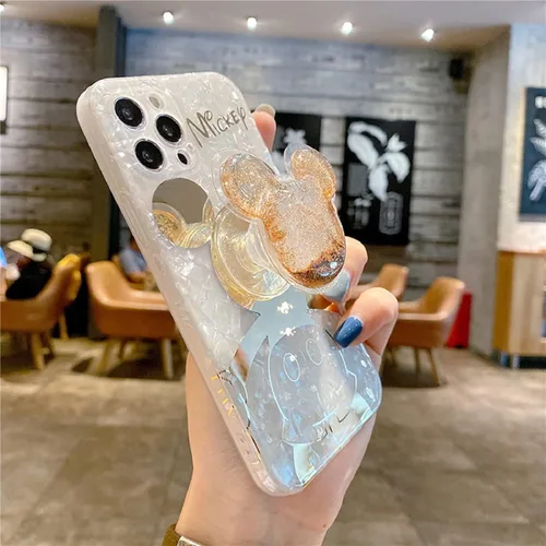 Vista 4 de Funda de dibujos animados para iPhone XR 6.1'' con protector de pantalla HD, Mickey Mouse con soporte para teléfono celular de arena movediza