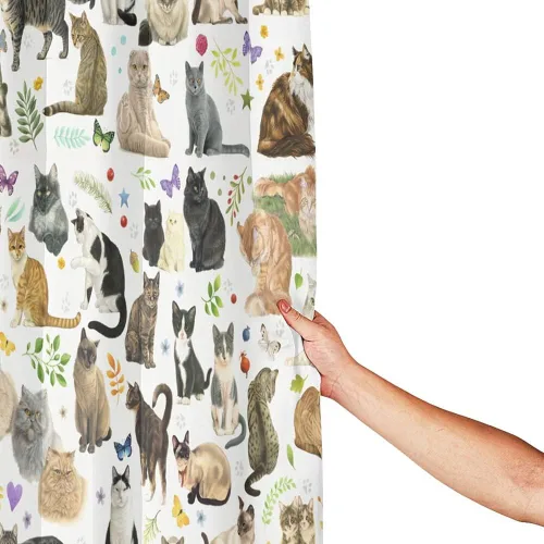 Vista 3 de Cortina de ducha de gato para baño con ganchos, lindo gatito colorido de dibujos animados con patas de mascotas para amantes de los gatos, regalo
