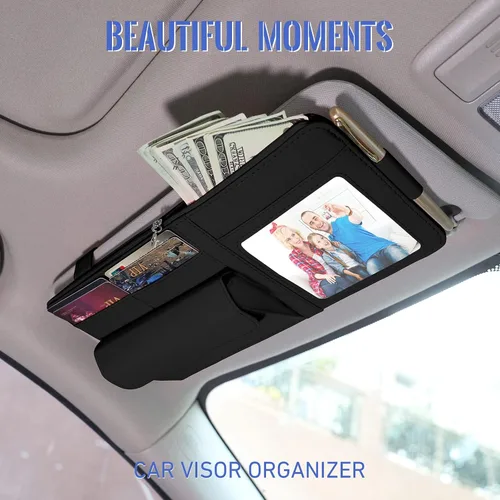 Vista 2 de Organizador de visera para automóvil, bolsa de almacenamiento organizadora de visera con marco de fotos y soporte para lentes de sol, práctico