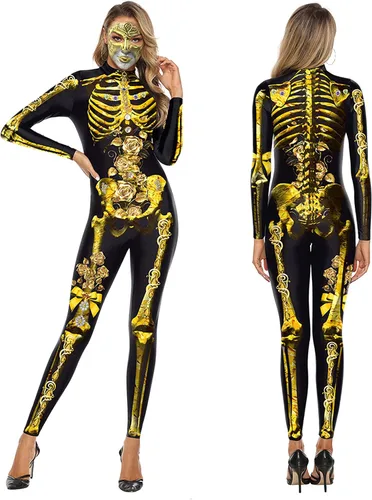 Vista 2 de KatchOn, Gold Halloween Skeleton Costume Women - Skeleton Bodysuit Halloween Floral Gold Sexy Skeleton Costumes For Women