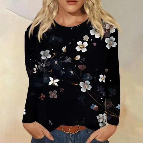 Vista 4 de Camisas de Navidad para mujer, a la moda, casual, elegante, cuello redondo, manga de 7 puntos, estampado navideño