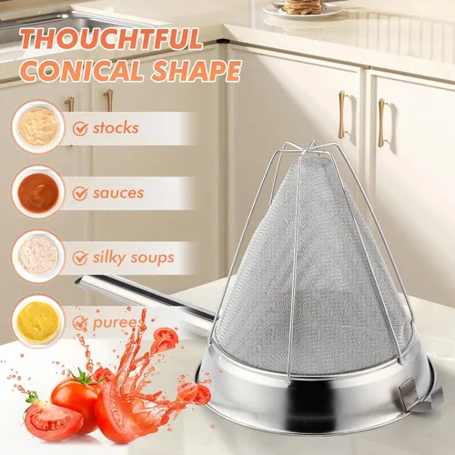 Vista 6 de Nuogo Juego de 2 coladores chinos de acero inoxidable de malla fina de metal para caldo de alimentos, colador de malla fina con mango y espátula