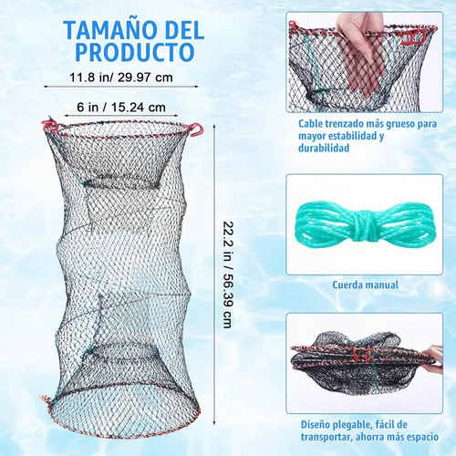 Vista 3 de Windyun Red de pesca de 3 piezas con plomada resistente, portátil, plegable, para langosta, cangrejo, trampa de pesca con mango telescópico largo