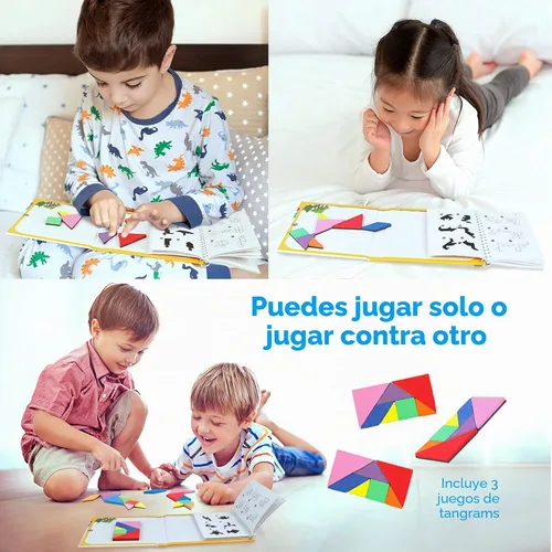 Vista 5 de Vanmor Rompecabezas de Tangram de viaje, 3 juegos de tangram magnético con solución 240, bloques de patrón de forma Montessori, rompecabezas