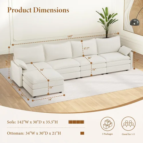 Vista 2 de Vesgantti Sofá modular modular de 142 pulgadas, cómodo sofá modular con asiento profundo otomano de felpilla en forma de L, sofás modulares