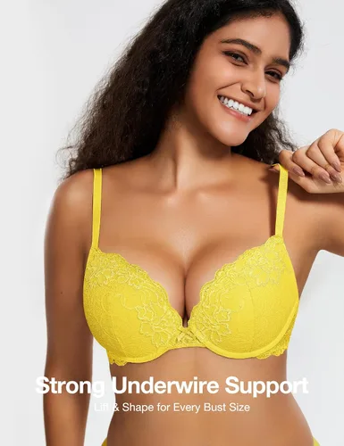 Vista 2 de Deyllo - Brasier de encaje para mujer con efecto de realce de busto, cómodo, con relleno, aros, levanta y añade una copa a tu busto Ámbar dorado