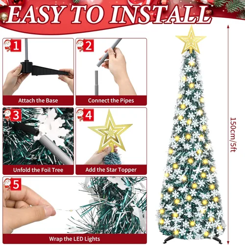 Vista 3 de Árbol de Navidad de escarcha desplegable de 1.5 m con 50 luces LED y control remoto, con estrella en la parte superior, fácil de montar con soporte