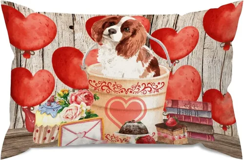 Vista 31 de Fundas de almohada lumbar con textura de madera rústica para perro en cubo, diseño de corazón rojo para el día de San Valentín, fundas de almohada