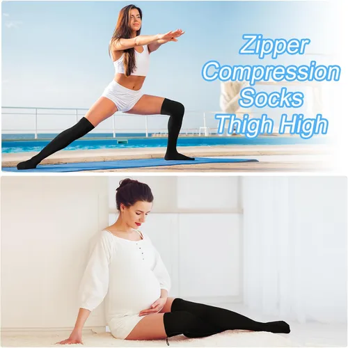 Vista 4 de Calcetines de compresión con cremallera alta hasta el muslo de 20-30 mmHg, medias de compresión con cremallera hasta el muslo para mujeres