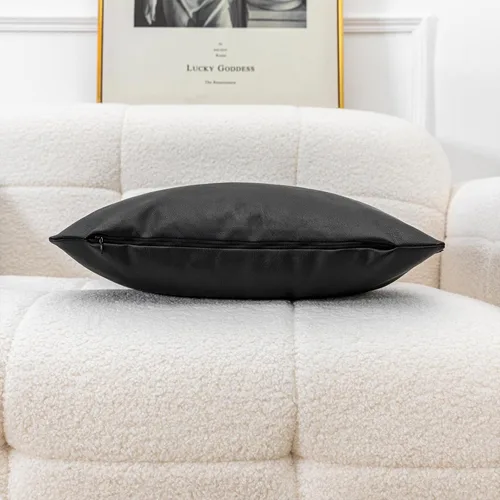 Vista 4 de Juego de 2 fundas de almohada modernas de piel sintética negra de 18 x 18 pulgadas, fundas decorativas de doble cara para sala de estar, sofá