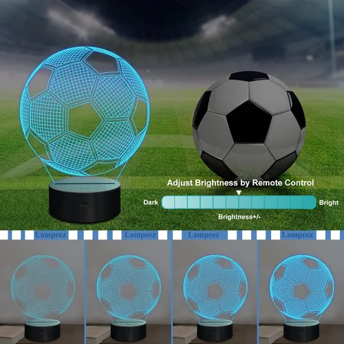 Vista 3 de Lampeez Luces nocturnas de fútbol para niños, luces de fútbol con ilusión 3D, 16 LED, control remoto, cambio de color, lámparas de escritorio