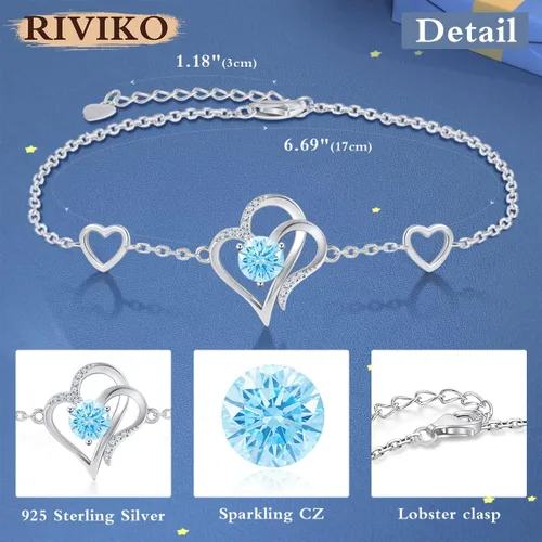 Vista 4 de RIVIKO Pulsera con dije de corazón de amor para mujer, plata de ley 925 con circonitas de piedra natal, eslabones ajustables para madre, esposa