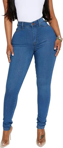 Vista 25 de KUNMI - Pantalones de mezclilla clásicos de cintura alta para mujer, elásticos, con efecto de levantamiento de glúteos, ajustados
