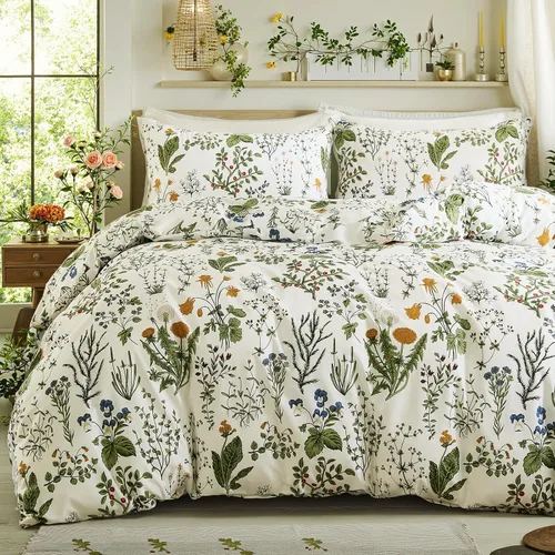 Vista 25 de Juego de edredón floral azul tamaño Queen, juego de ropa de cama botánica azul 100% algodón, edredón suave transpirable de 3 piezas y 2 fundas