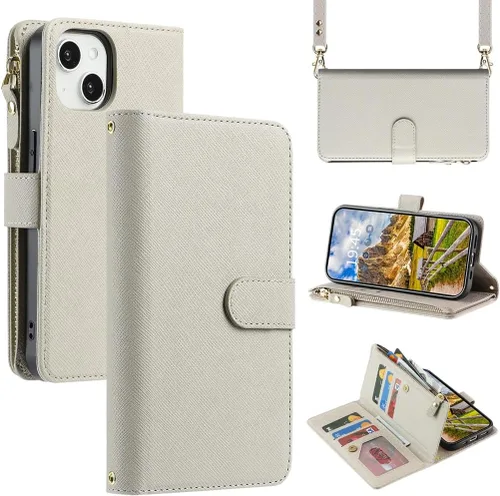 Vista 10 de Funda Cartera para iPhone 13/14 con Tarjetero, Funda Cruzada con Correa para el Hombro, Bolsillo con Cremallera Cartera de Cuero PU para iPhone 13