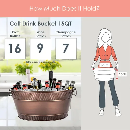 Vista 5 de BREKX Colt - Recipientes para bebidas con acabado de cobre para fiestas, cubetas ovaladas martilladas para 16 botellas para fiestas, cubos de hielo