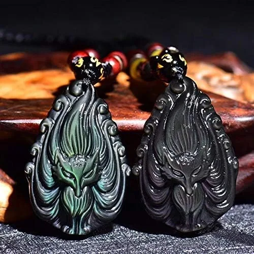 Vista 4 de Collar con colgante de zorro de nueve colas de cristal de obsidiana con cadena de cuentas para wen o mujeres