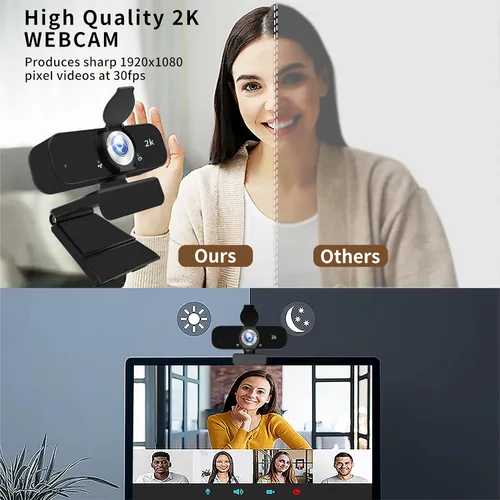 Vista 2 de Cámara web para computadora, USB Plug & Play, corrección automática de poca luz, cubierta de privacidad, trípode, gran angular para reuniones, video