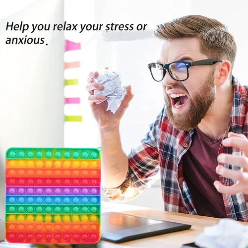 Vista 7 de Juguetes sensoriales para ansiedad de gran tamaño, 7.87 pulgadas, 100 burbujas, juguetes grandes de silicona para aliviar la presión, color arcoíris