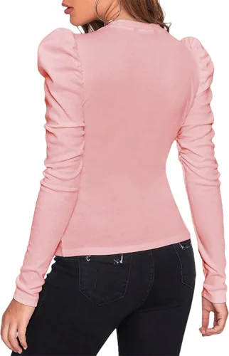 Vista 2 de Remidoo Camiseta de manga larga abombada con cuello redondo y ajuste entallado para mujer