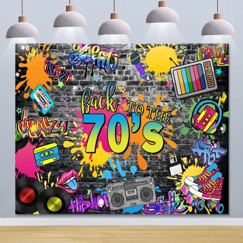 Vista 3 de Telón de fondo de los años 70 para fiestas, hip hop, rock, discoteca, fiesta de cumpleaños, fondos de fotos retro, graffiti, fondo de pared