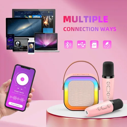 Vista 2 de Máquina de karaoke para niños, máquina de karaoke para niñas con 2 micrófonos inalámbricos, mini altavoz Bluetooth portátil para niños, máquina